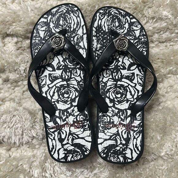 Brighton Malibu Black/White Rose Print Wedge Sandals Women’s Sz 7 - Picture 5 of 11